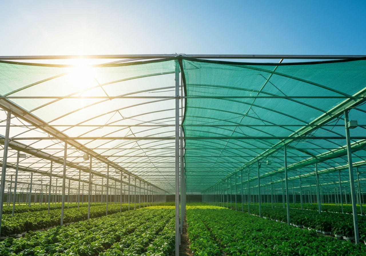 تصویر تفاوت نور و دما در داخل و خارج از پوشش شید گلخانه برای محافظت از گیاهان در برابر تنش گرمایی.