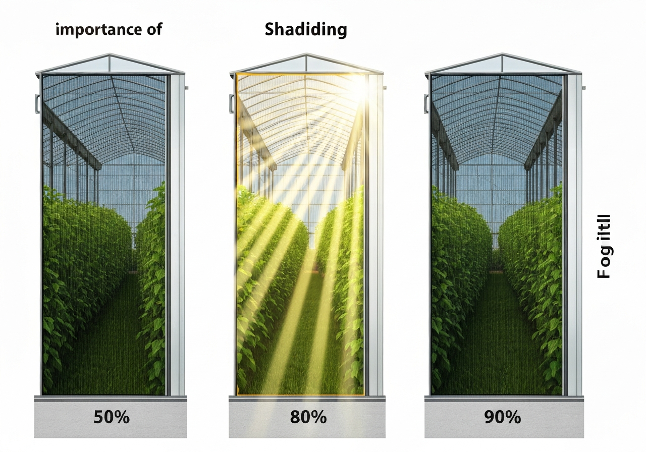 راهنمای بصری انتخاب درصد سایه‌اندازی مختلف (۵۰٪، ۸۰٪، ۹۰٪) در شید گلخانه بر اساس نیاز نوری گیاه.