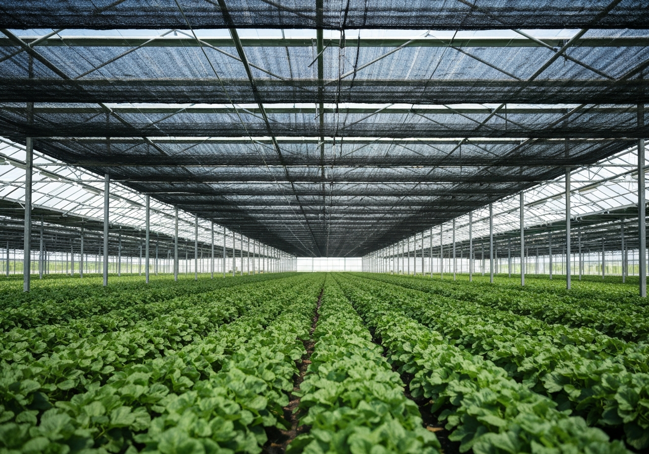 نمای داخلی گلخانه با نور پراکنده حاصل از نصب شید گلخانه 90 درصد برای محافظت از گیاهان در برابر آفتاب شدید.