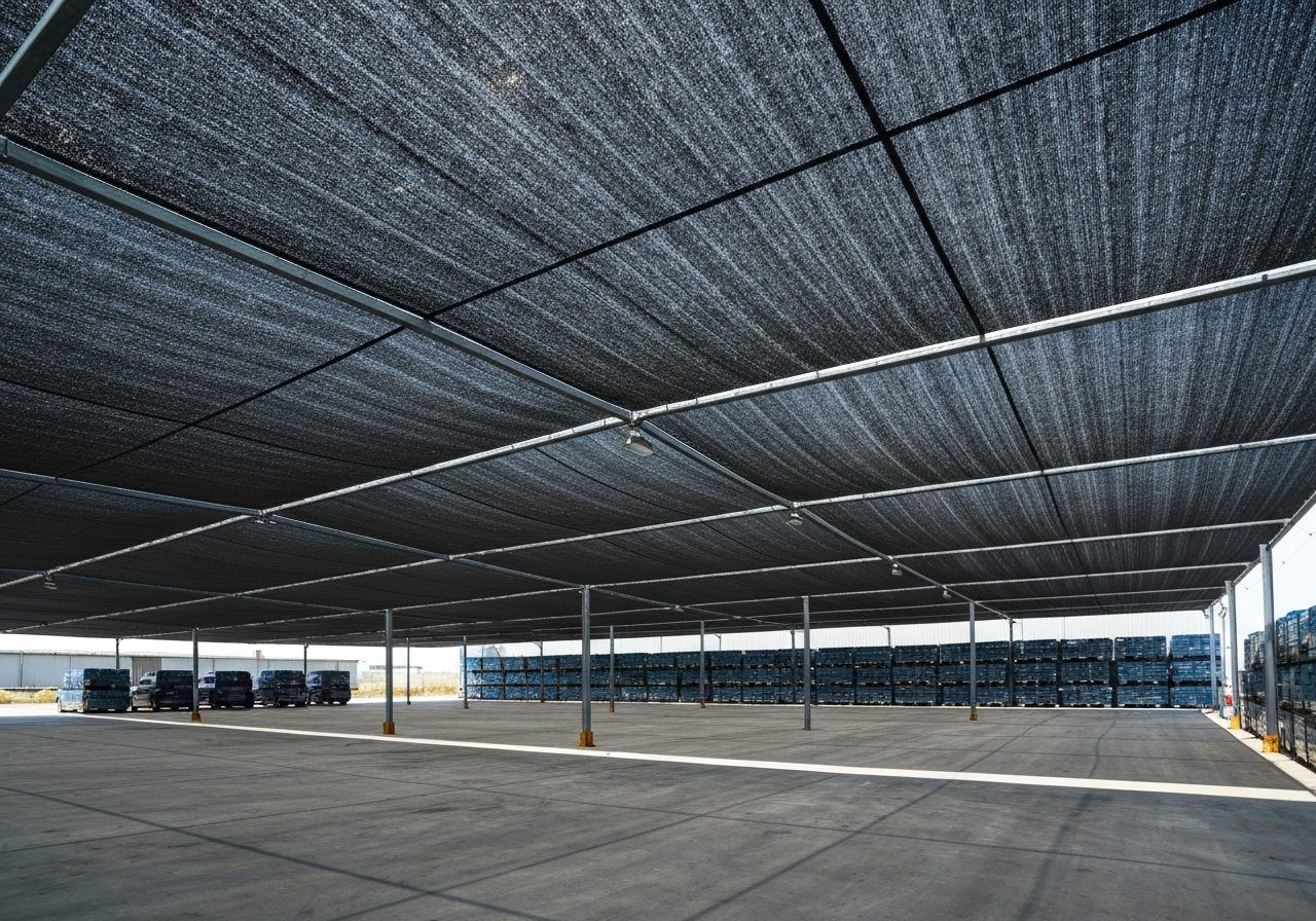 تصویر پارکینگ صنعتی بزرگ که با نصب شید گلخانه 100 درصد به طور کامل از اشعه UV محافظت شده است.