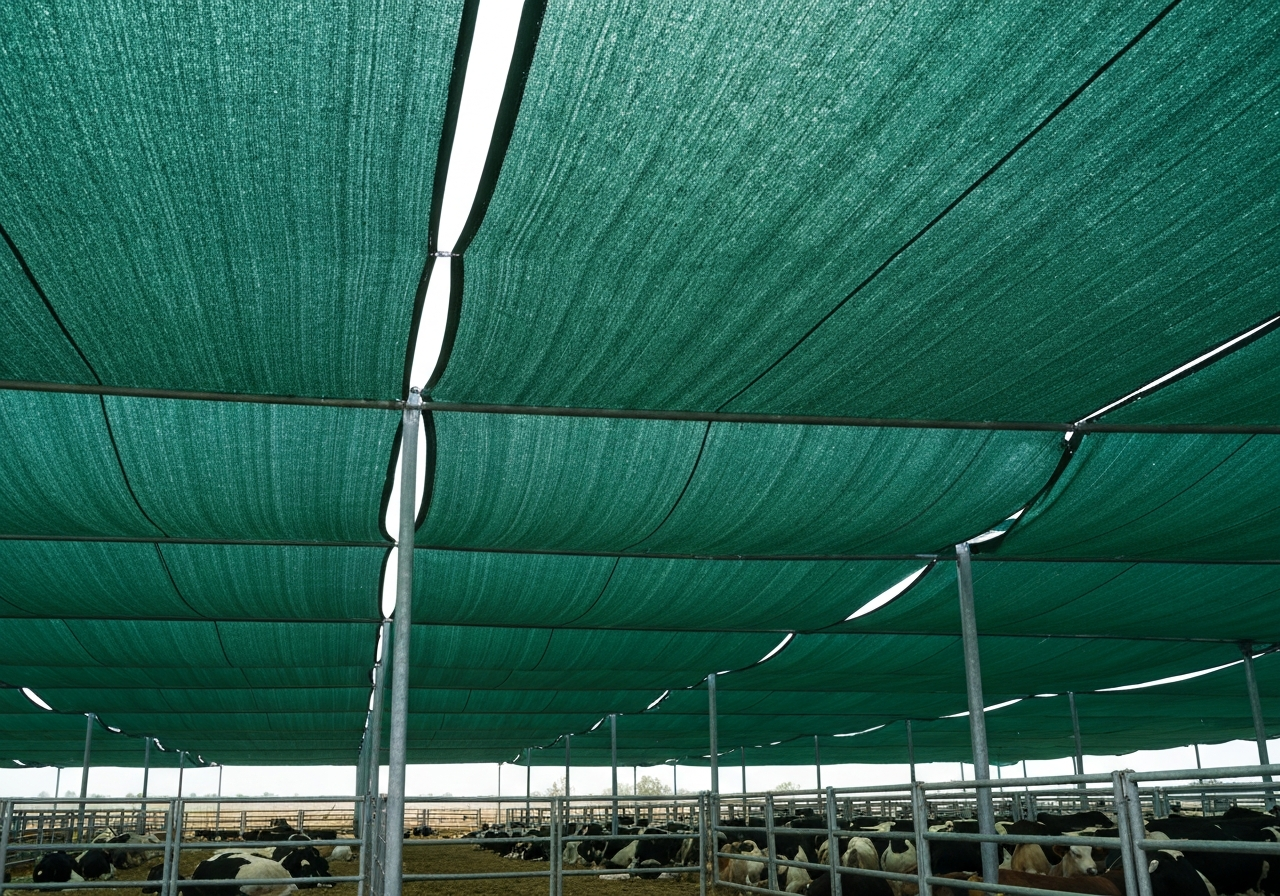 محیط نگهداری دام و طیور تحت پوشش شید گلخانه 100 درصد برای کاهش استرس گرمایی و محافظت کامل.