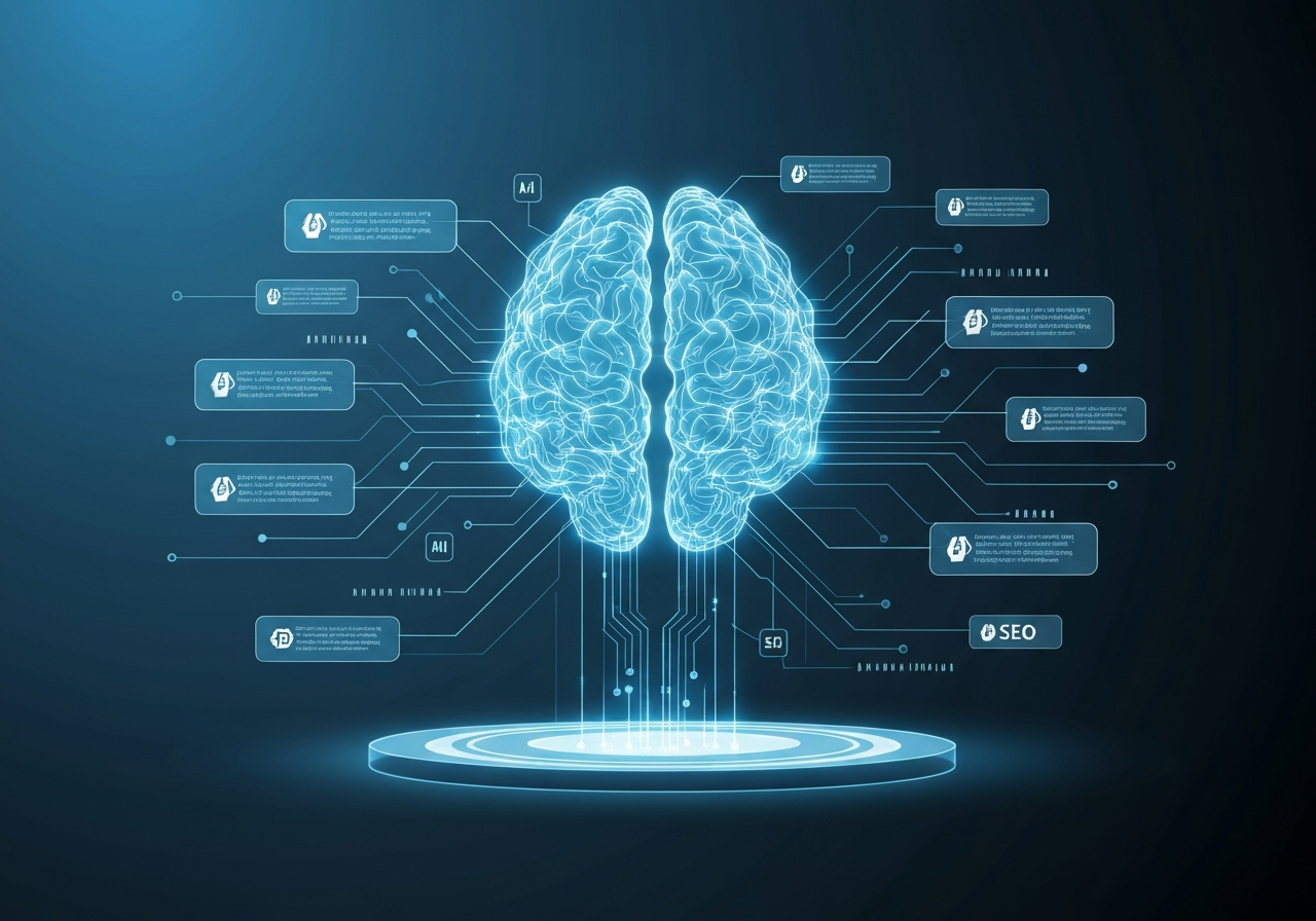 تصویر مفهومی تولید محتوا با هوش مصنوعی چیست که مدل‌های زبان بزرگ (LLMs) را در حال تولید محتوای سئوشده نشان می‌دهد.