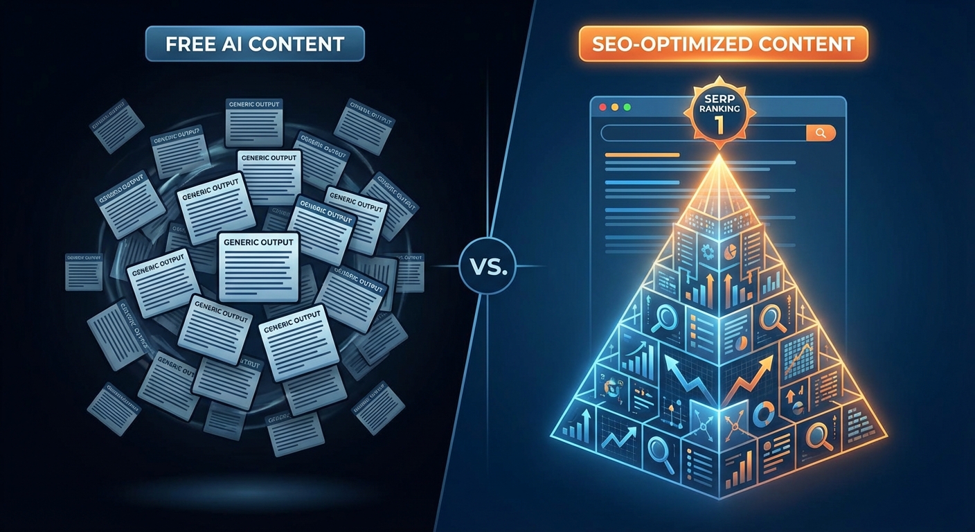تصویر گرافیکی تفاوت محتوای تولید شده توسط سایت تولید محتوا با هوش مصنوعی رایگان و محتوای سئو محور داده‌محور.
