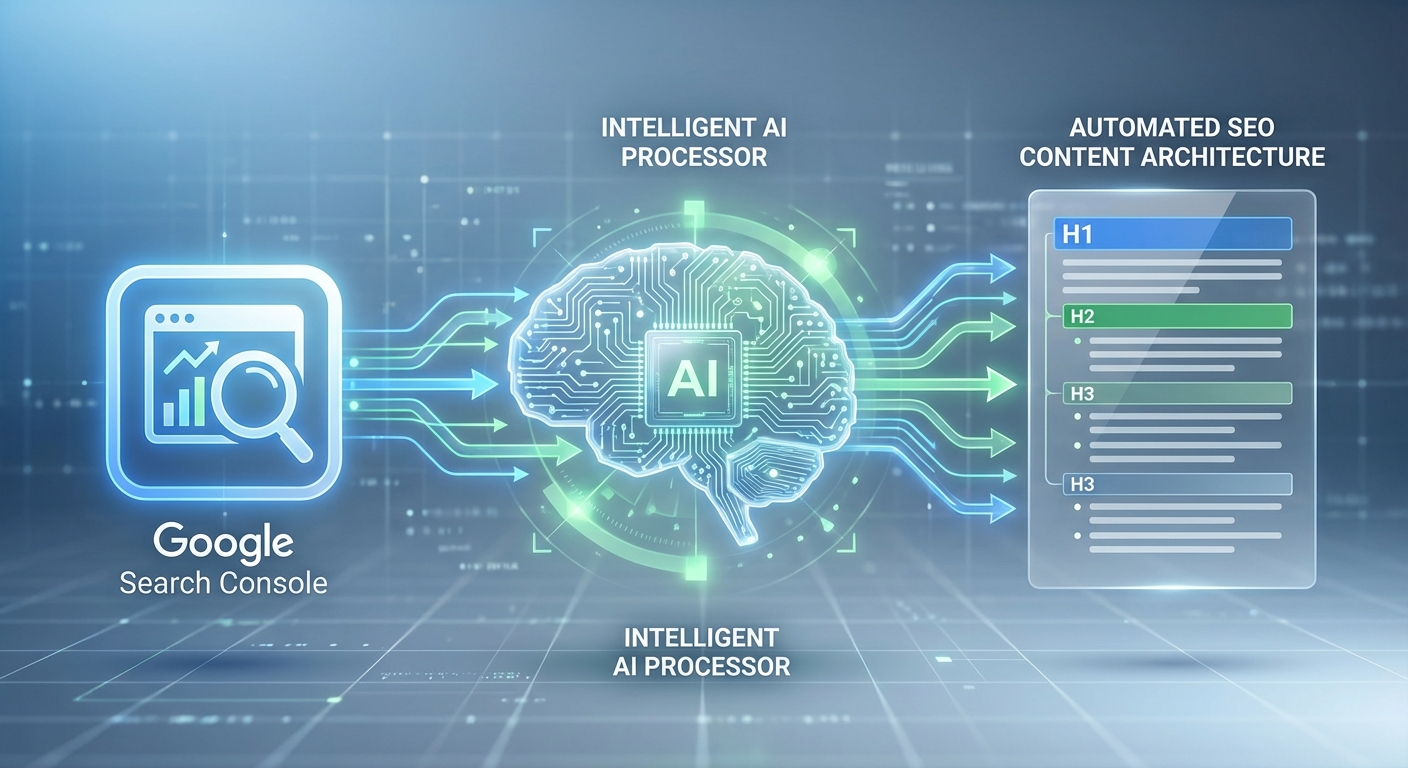 اینفوگرافیک معماری محتوا و اتوماسیون سئو: نشان دادن جریان داده از کنسول جستجوی گوگل برای تولید محتوای سئومحور، فراتر از ابزارهای سایت تولید محتوا با هوش مصنوعی رایگان.