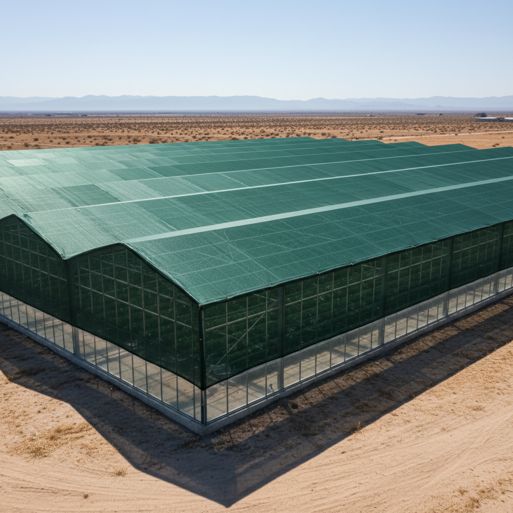 تصویری واقعی از شید گلخانه 90 درصد نصب شده بر روی سقف، نشان‌دهنده محافظت حداکثری و سایه متراکم برای گیاهان حساس.