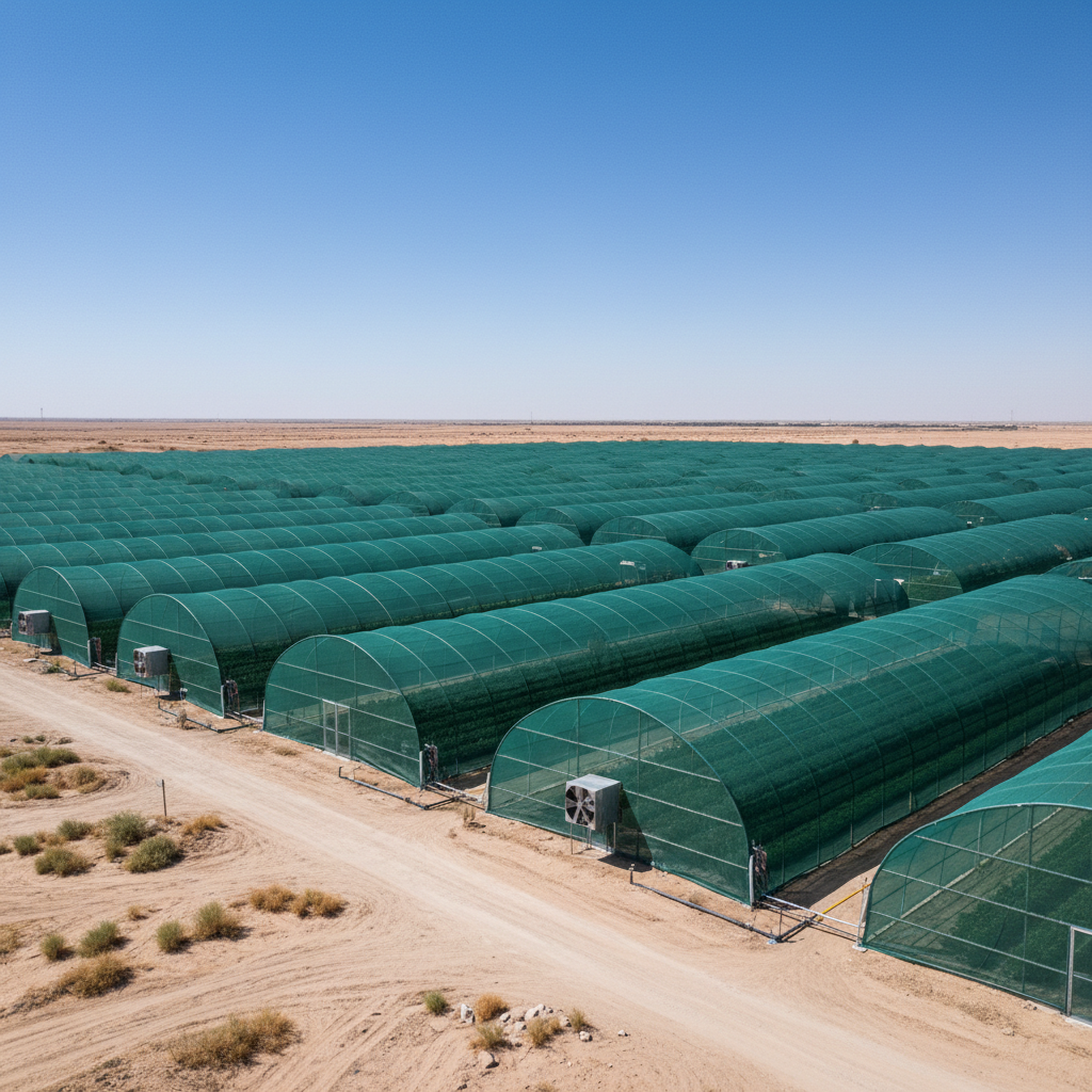 نمای بیرونی گلخانه فلفل دلمه‌ای در اصفهان که با شید گلخانه 90 درصد پلیمر بافت برای کاهش تنش گرمایی پوشیده شده است.