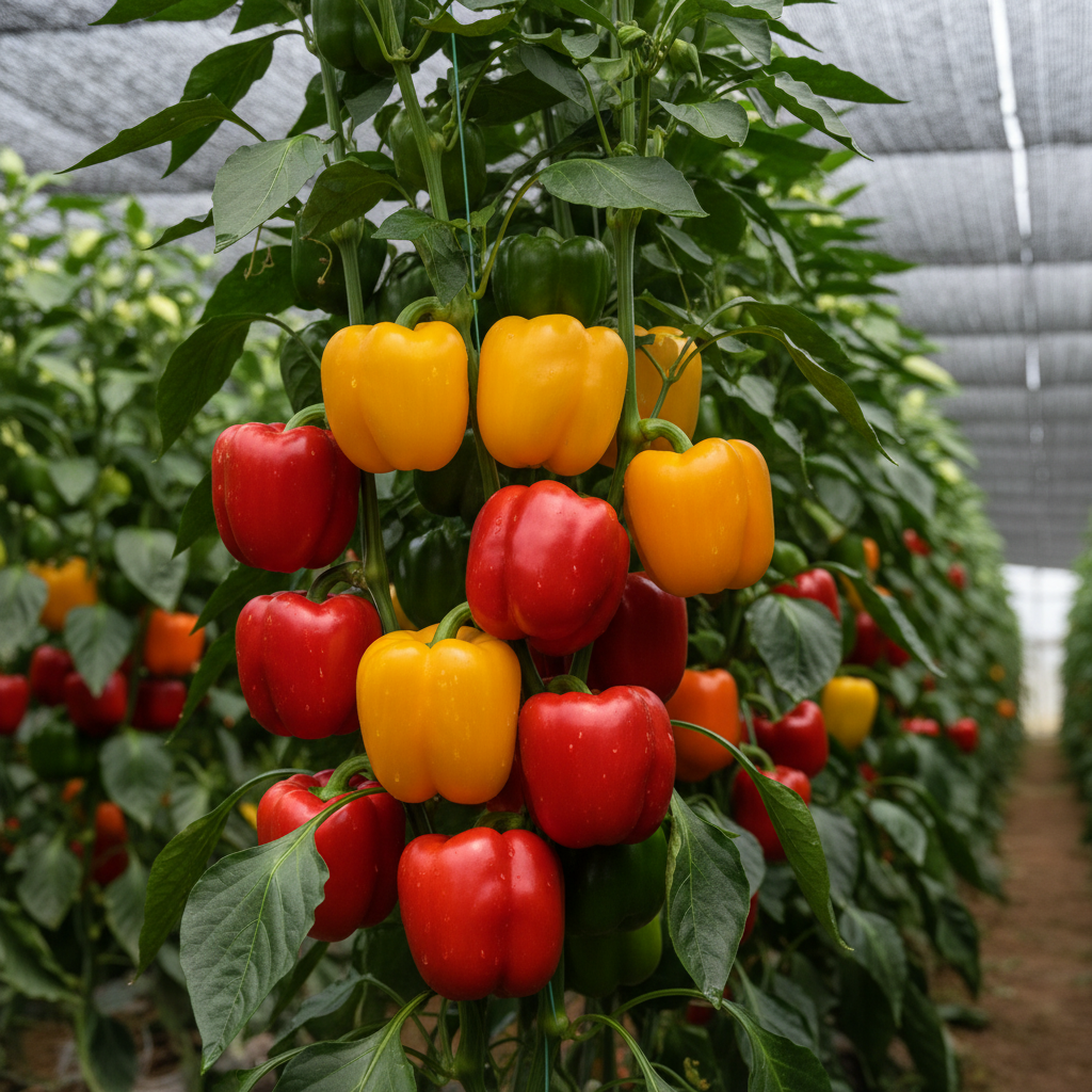 فلفل دلمه‌ای‌های باکیفیت و پرمحصول که زیر پوشش شید گلخانه 90 درصد رشد کرده‌اند و نشان‌دهنده افزایش 30% بازدهی هستند.