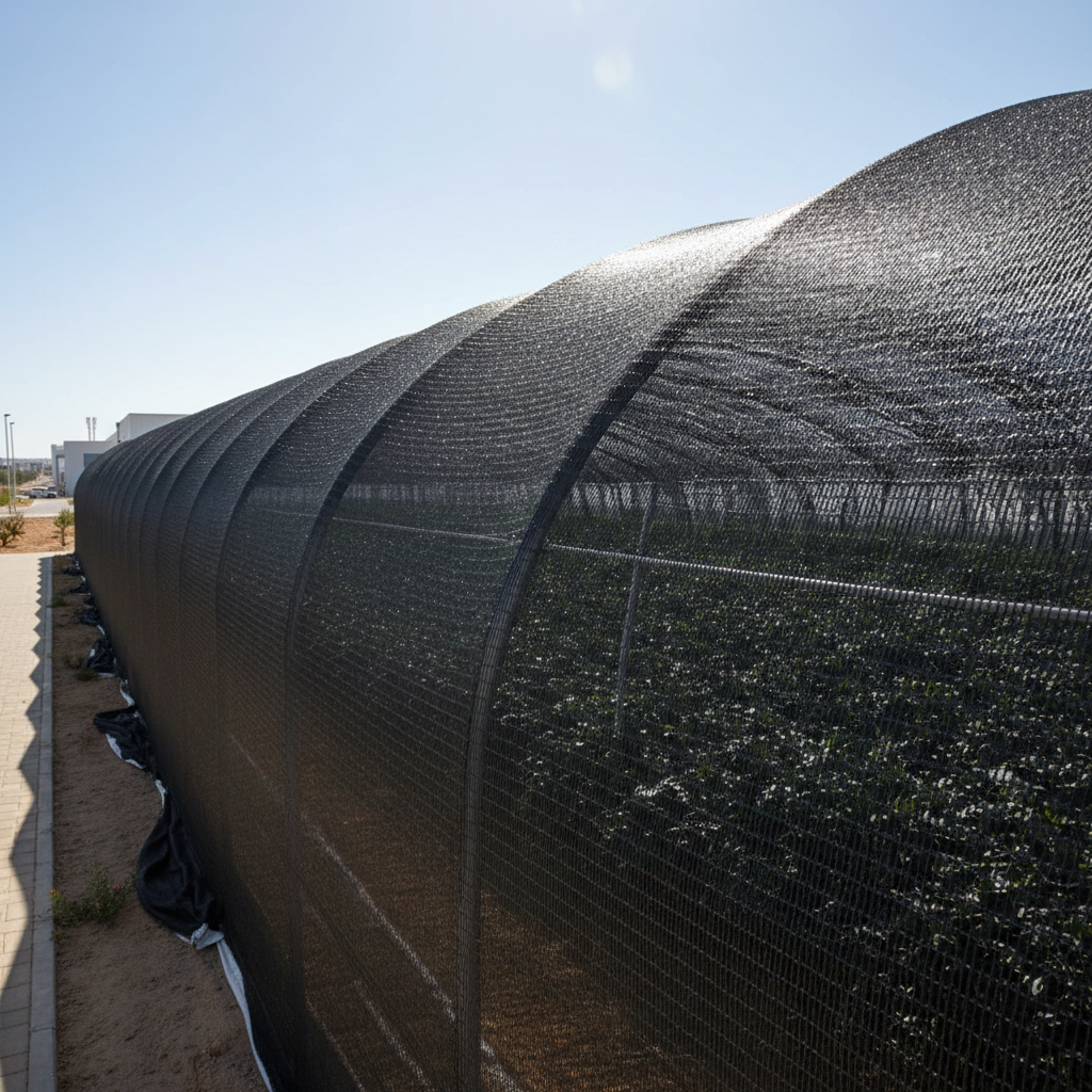 تصویر با کیفیت از شید گلخانه ۱۰۰ درصد نصب شده بر روی سقف یک گلخانه صنعتی بزرگ، نمایش دهنده بافت متراکم و تأثیر آن بر قیمت شید گلخانه 100 درصد.