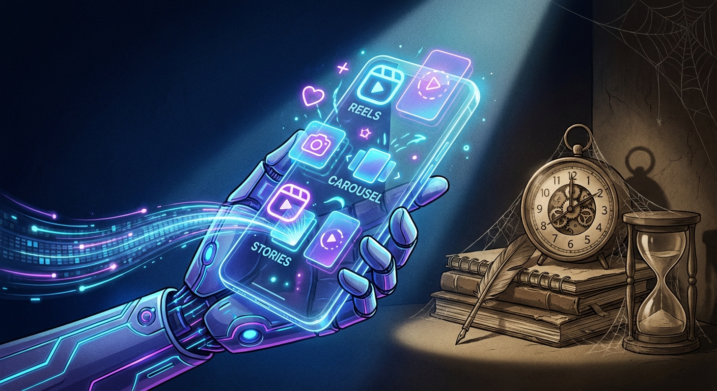 تصویر گرافیکی تحول تولید محتوا اینستاگرام با هوش مصنوعی و افزایش سرعت و کارایی در فرآیند تولید محتوا.