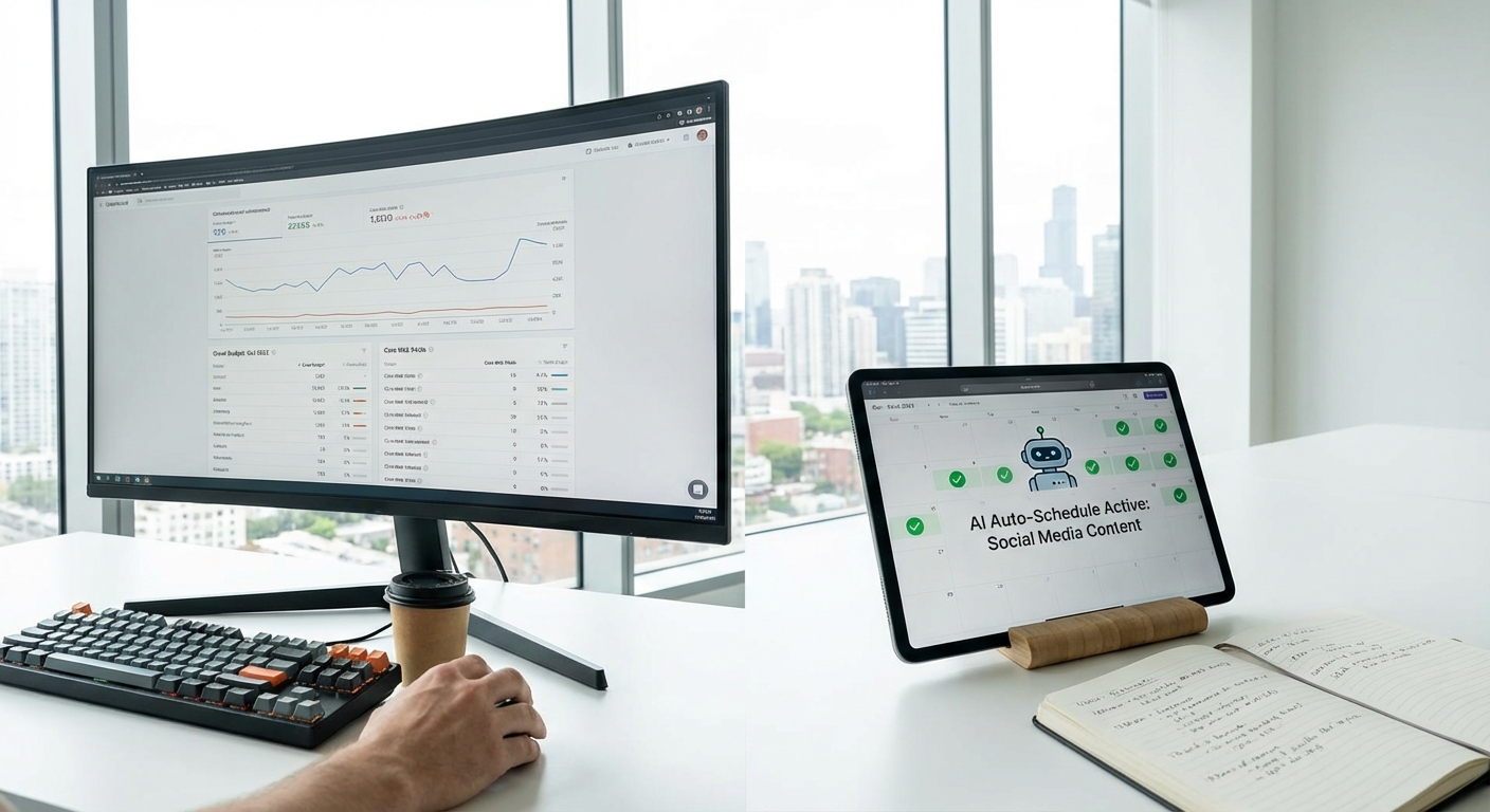 نمایش اتوماسیون تولید محتوای شبکه‌های اجتماعی با هوش مصنوعی برای صرفه‌جویی در زمان و تمرکز بر سئو فنی و داده‌های مهم.