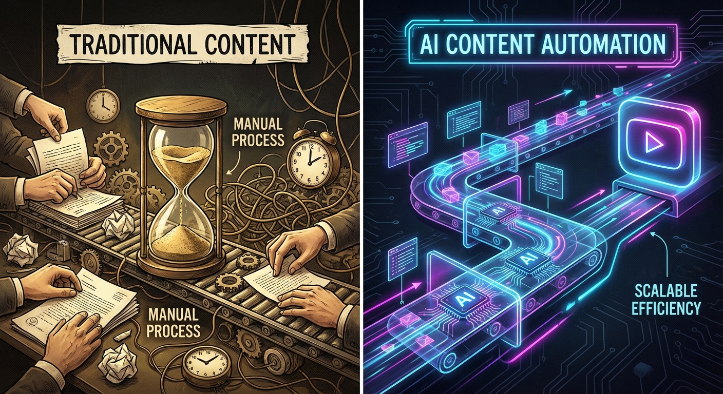 تصویرسازی مقایسه‌ای از روش سنتی و خودکار تولید محتوا با هوش مصنوعی در یوتیوب برای افزایش سرعت و مقیاس تولید.