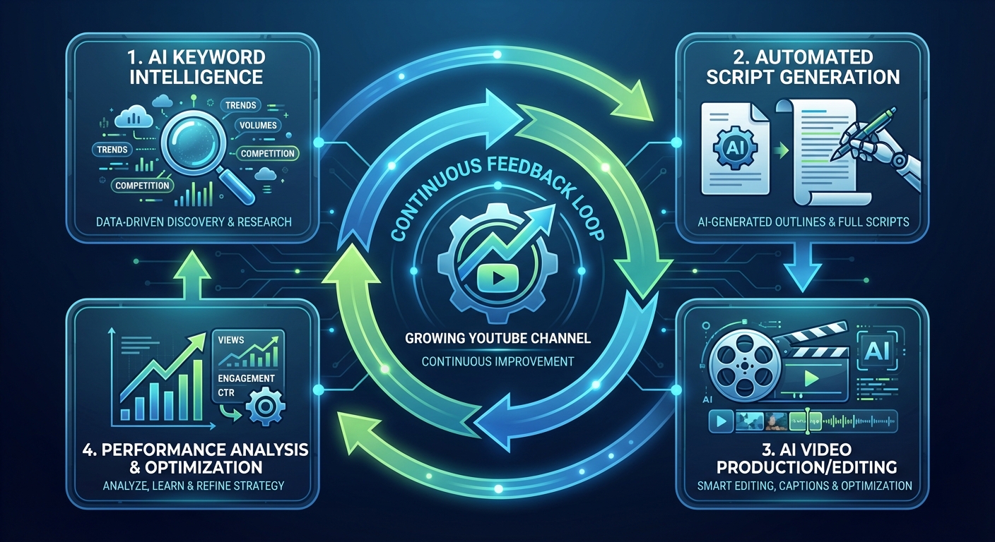 نمودار چرخه‌ای اتوماسیون سئو و تولید محتوا با هوش مصنوعی در یوتیوب برای بهینه‌سازی مستمر عملکرد کانال.