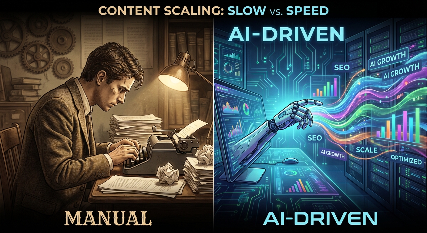 تصویر گرافیکی مقایسه تولید محتوای دستی و تولید محتوا با هوش مصنوعی برای سئوکاران.