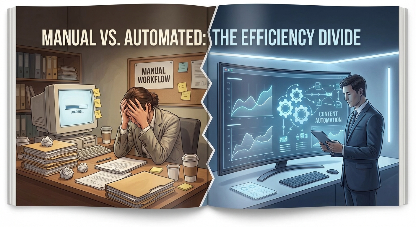 تصویر گرافیکی مقایسه تیم سنتی تولید محتوا با سیستم‌های خودکار، نمادی از اتوماسیون محتوا و بهره‌وری بالا.