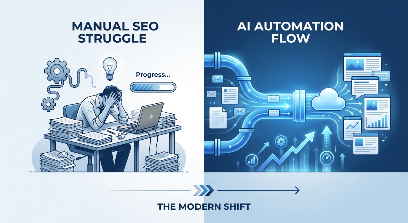 تصویر مفهومی اتوماسیون سئو و تولید محتوا با هوش مصنوعی که نیاز سئوکاران به دوره تولید محتوا با هوش مصنوعی ایران فاندر را نشان می‌دهد.