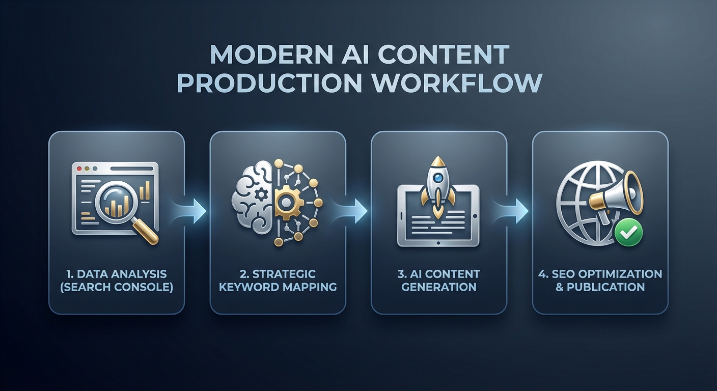 اینفوگرافیک مراحل کلیدی تولید محتوا با هوش مصنوعی، مرتبط با سرفصل‌های دوره تولید محتوا با هوش مصنوعی ایران فاندر.
