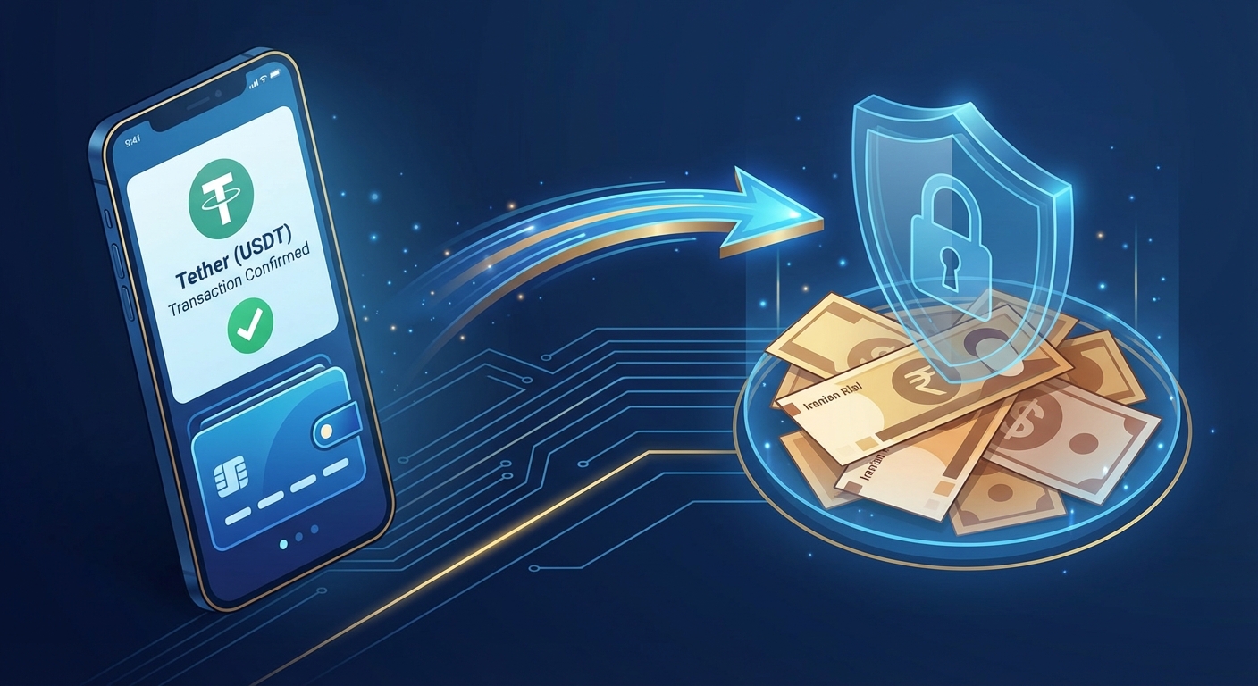 تصویر گرافیکی تبدیل تتر (USDT) به ریال و اسکناس با تاکید بر سرعت و امنیت تراکنش.