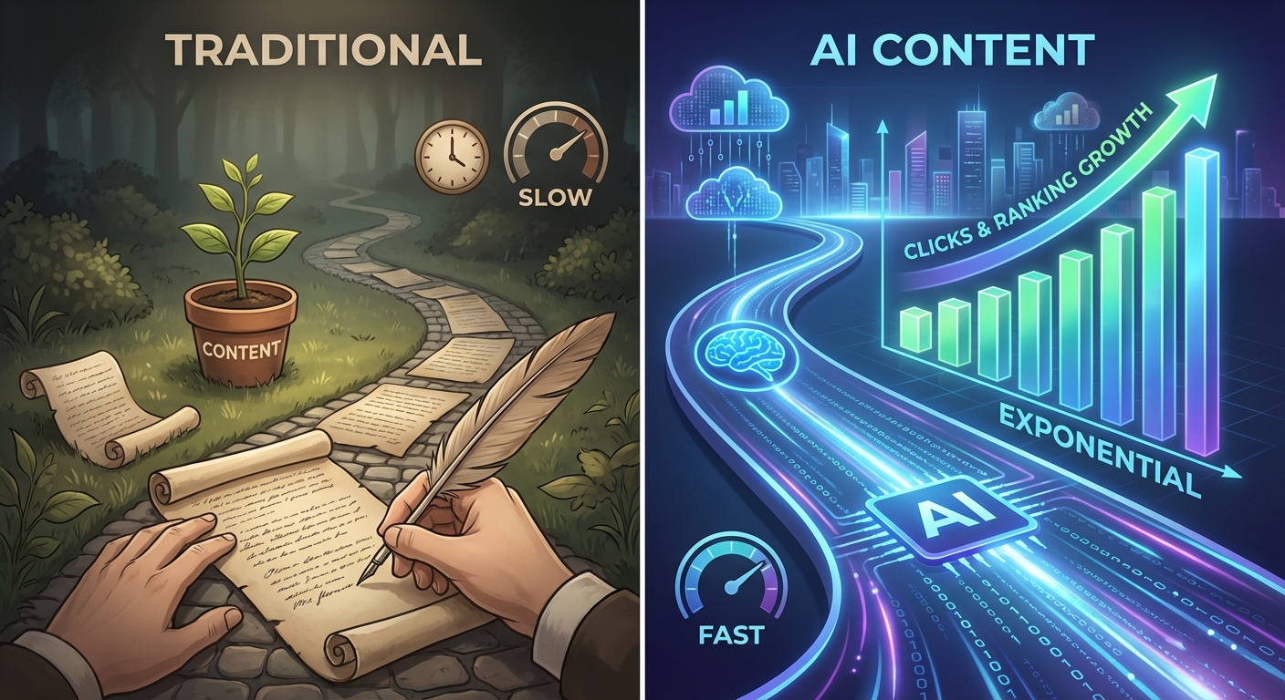 تصویرسازی حرفه‌ای از مقایسه تولید محتوای سنتی و محتوای هوش مصنوعی برای نشان دادن ضرورت ثبت نام در دوره جامع تولید محتوا با هوش مصنوعی و دستیابی به رشد ارگانیک سریع.