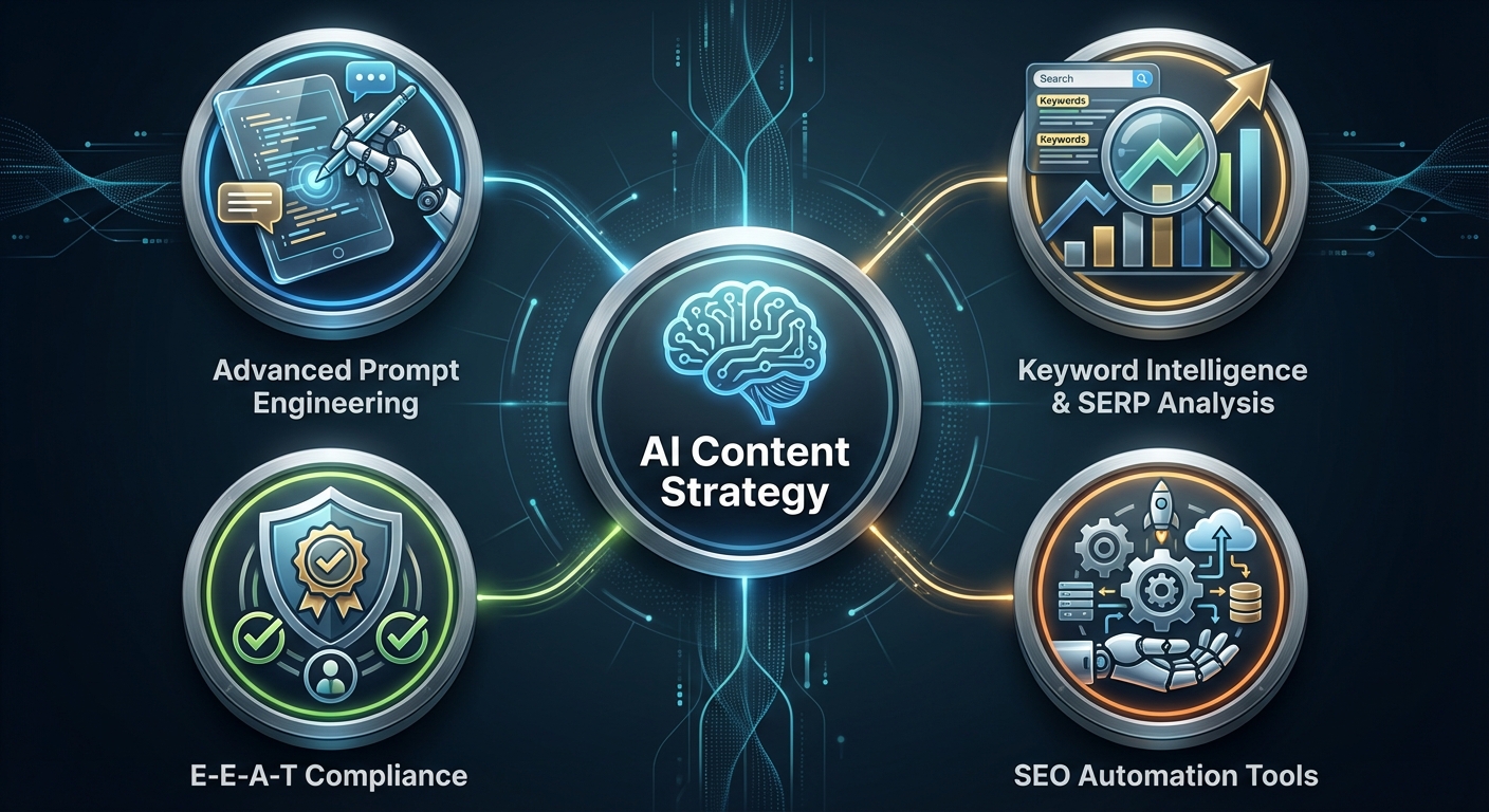 اینفوگرافیک سرفصل‌های کلیدی و استراتژیک مورد نیاز در یک دوره جامع تولید محتوا با هوش مصنوعی شامل پرامپت‌نویسی پیشرفته و تحلیل سئو.