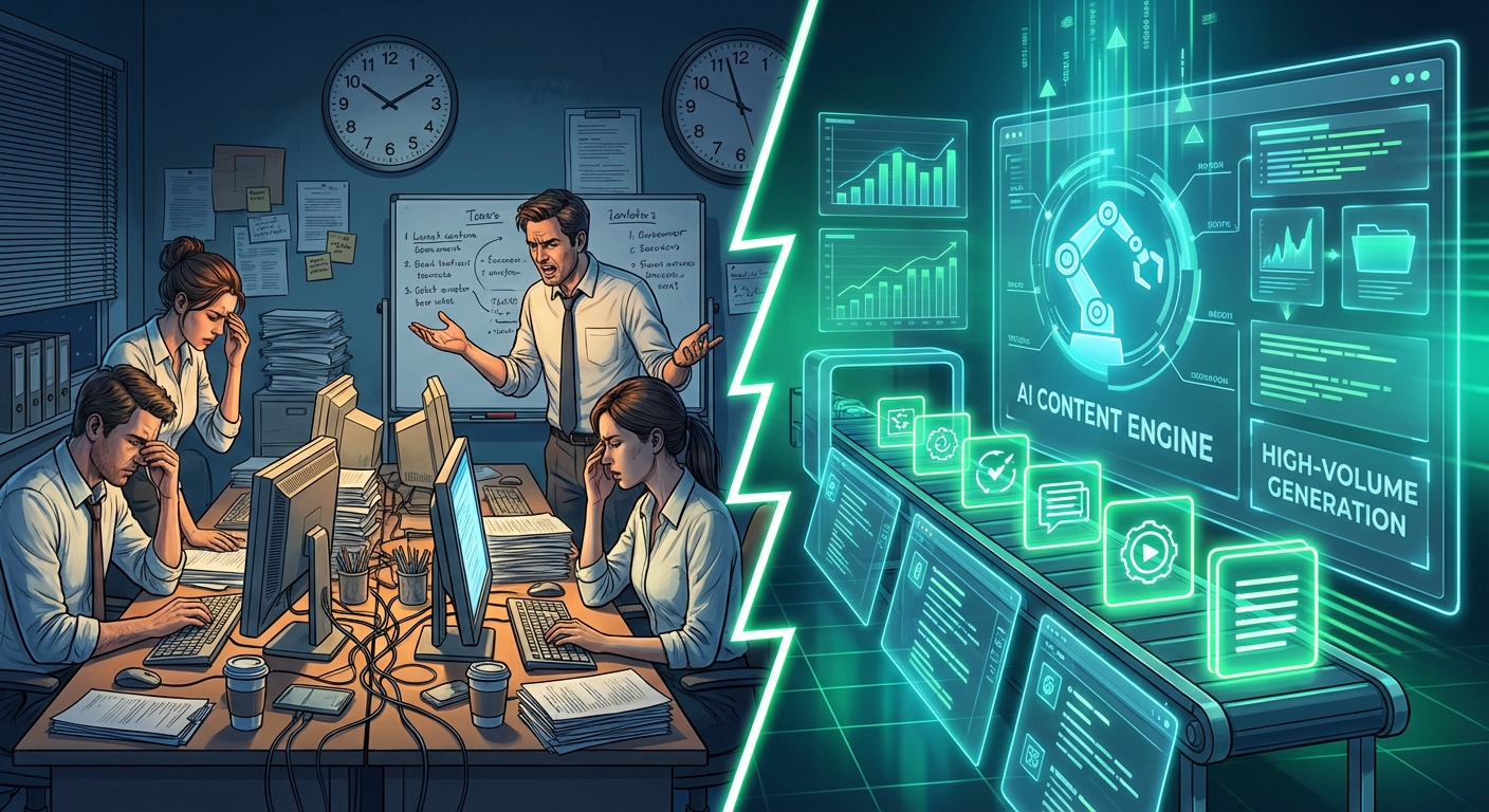 مقایسه سرعت تیم‌های محتوای سنتی با تولید محتوا در دوره ی تولید محتوا با هوش مصنوعی برای افزایش مقیاس.