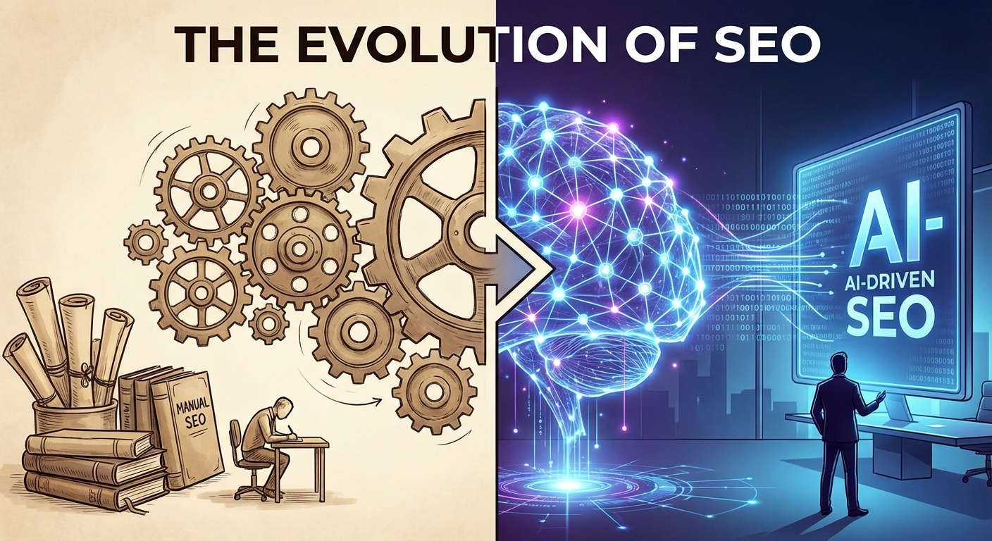 تصویر گرافیکی تحول سئوی پیشرفته: مقایسه سئوی سنتی و سیستم‌های اتوماسیون هوش مصنوعی (AI) برای درک بهتر آموزش‌های پیشرفته سئو و هوش مصنوعی.