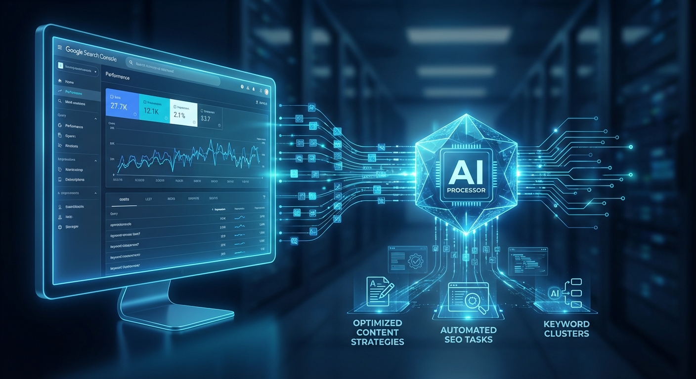 اتوماسیون سئو: جریان داده‌ها از Google Search Console به سیستم‌های هوش مصنوعی برای تحلیل و اجرای آموزش‌های پیشرفته سئو.