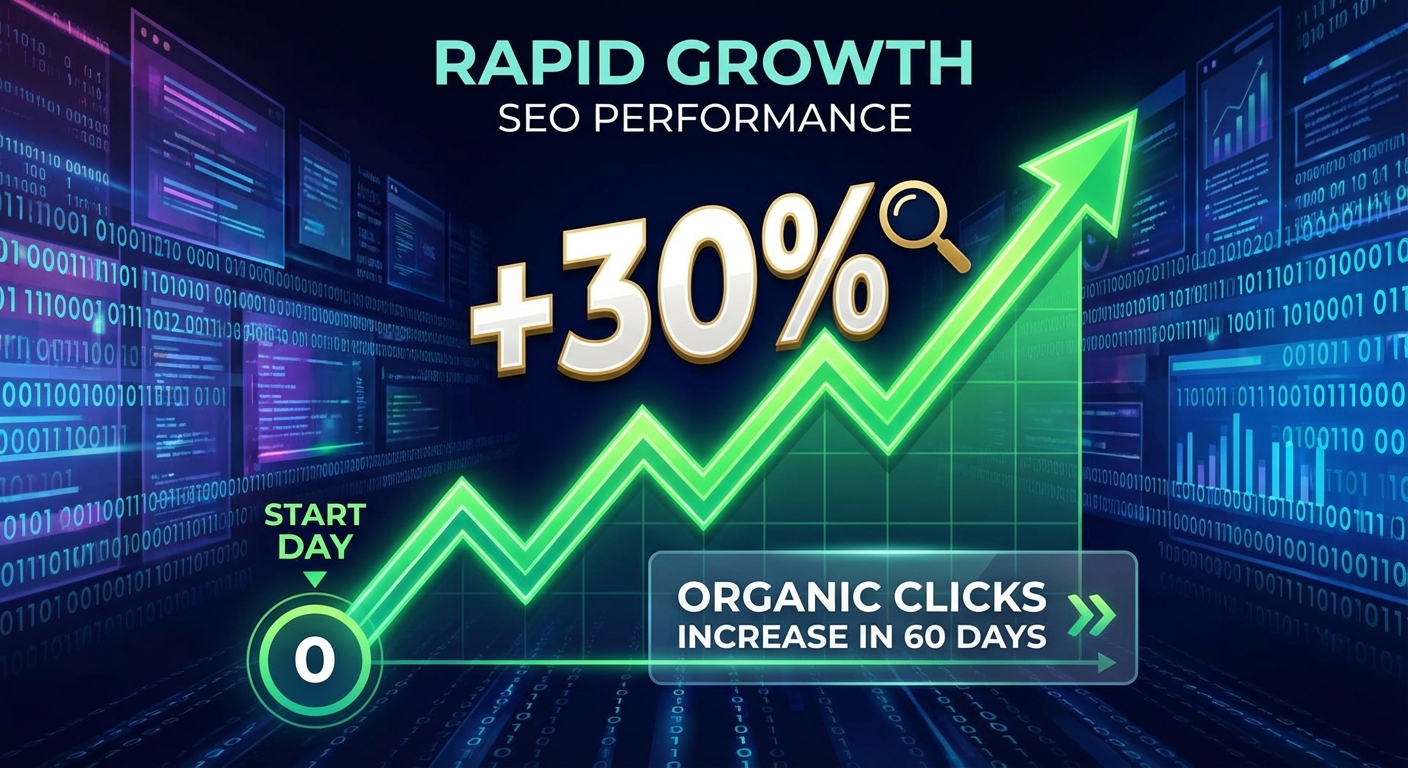 تصویرسازی رشد ۳۰٪ کلیک ارگانیک در ۶۰ روز، نشان‌دهنده موفقیت مشتریان در مطالعات موردی سئو.