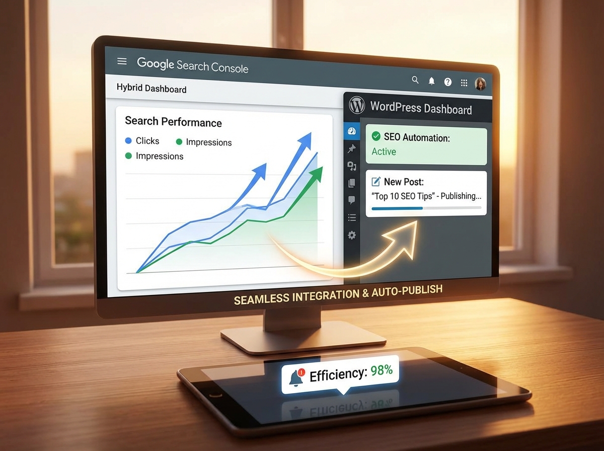 داشبورد سرچ کنسول گوگل با رشد کلیک و ایمپرشن ناشی از اتوماسیون محتوا در وردپرس