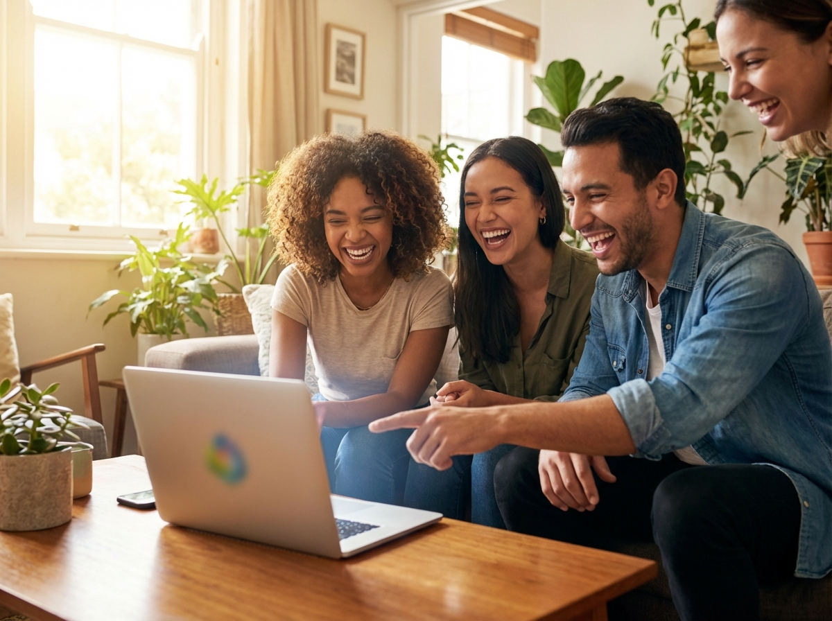 افرادی که در حال تماشای یک محتوای طنزآمیز در گوشی همراه خود هستند و از ته دل می‌خندند.