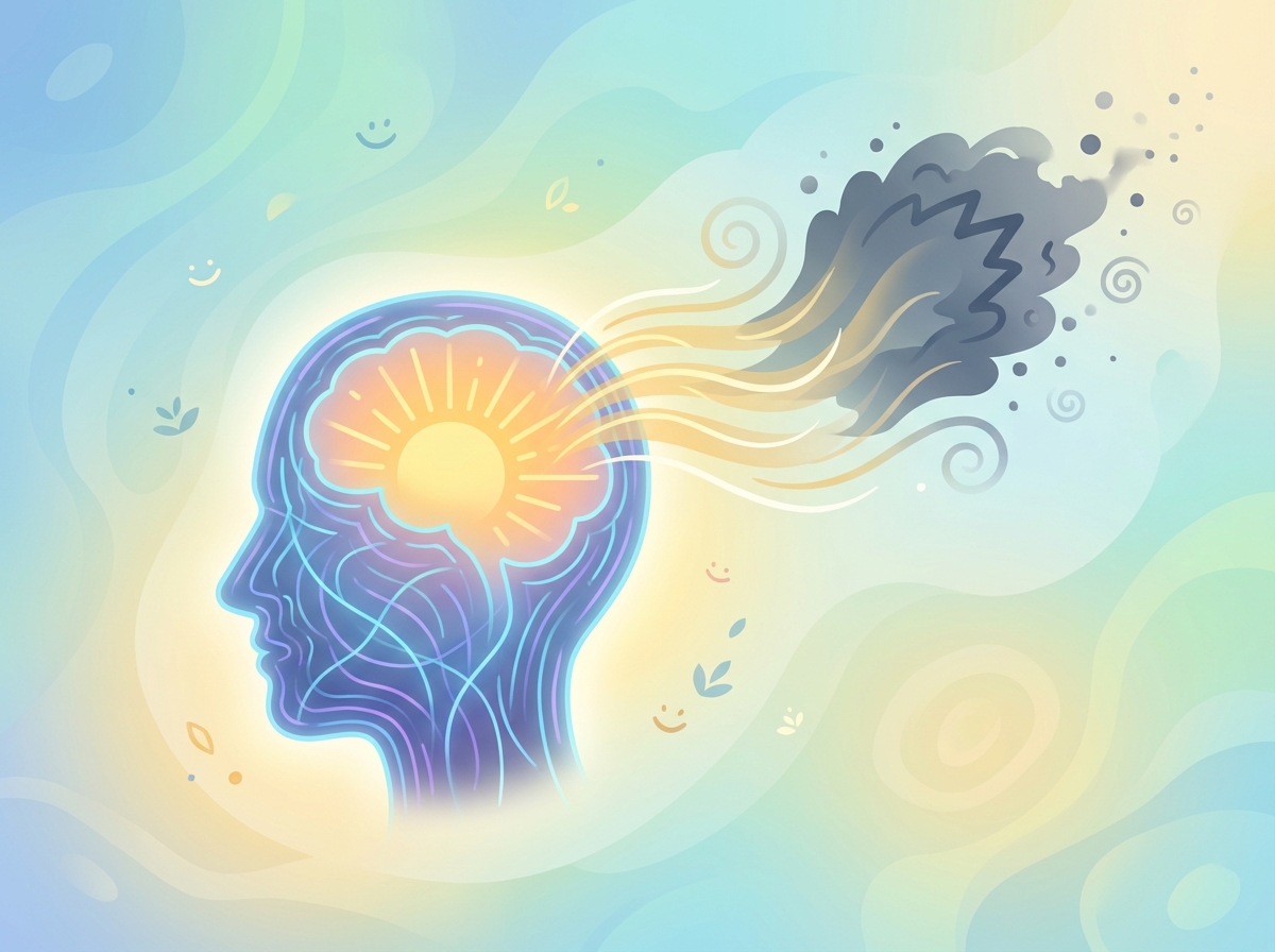 تصویری انتزاعی از تاثیر مثبت طنز بر سلامت روان و از بین رفتن استرس با خنده.