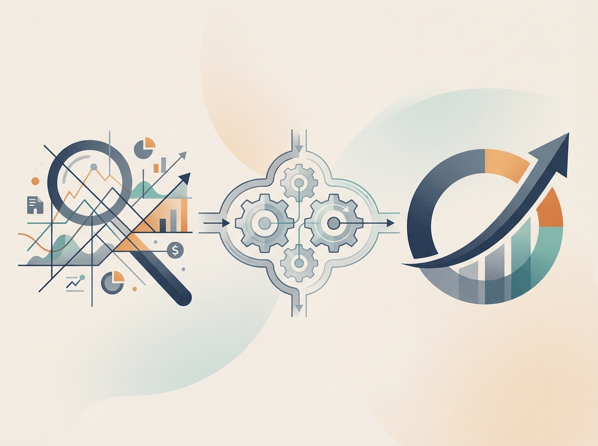 تصویری از مفاهیم بازاریابی که از استراتژی تا سودآوری را به صورت گام‌های عملی و داده‌محور نشان می‌دهد.