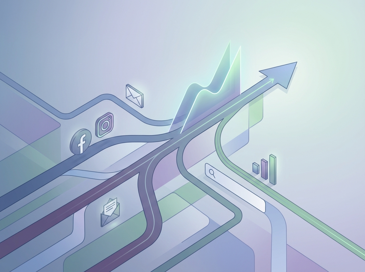 نمایی از کانال‌های بازاریابی دیجیتال که به سمت رشد کسب‌وکار و افزایش سودآوری همگرا می‌شوند.