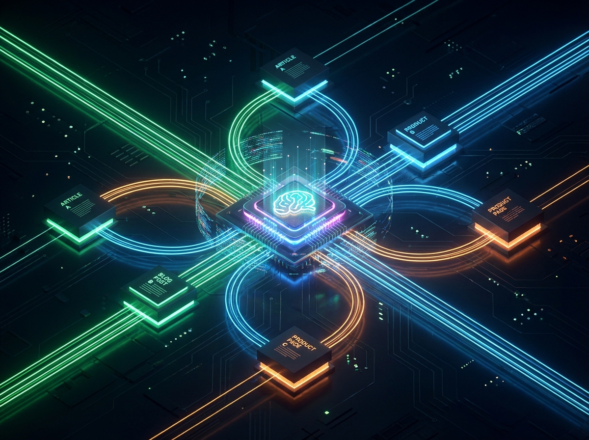 نمایش گرافیکی لینک‌سازی داخلی خودکار توسط هوش مصنوعی