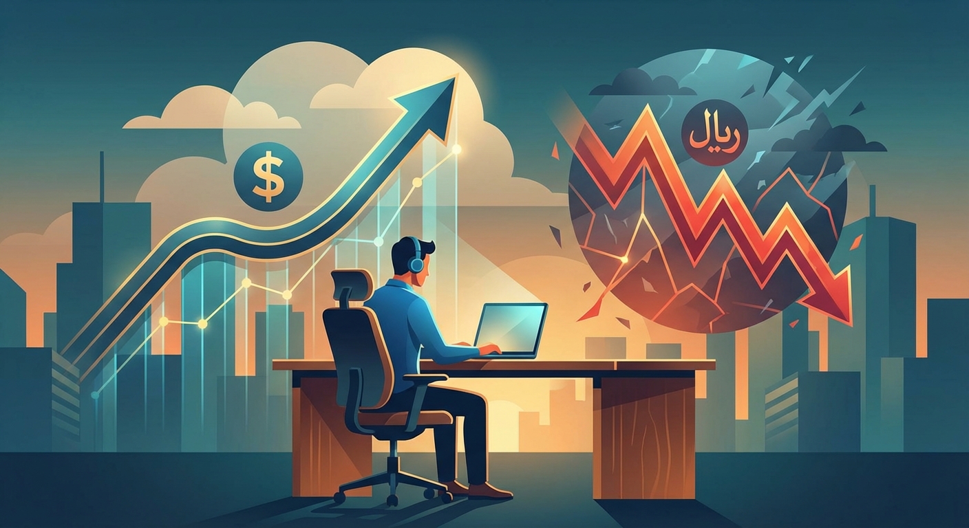 تصویرسازی مفهومی از ثبات درآمد دلاری فریلنسر در مقابل نوسانات درآمد ریالی.