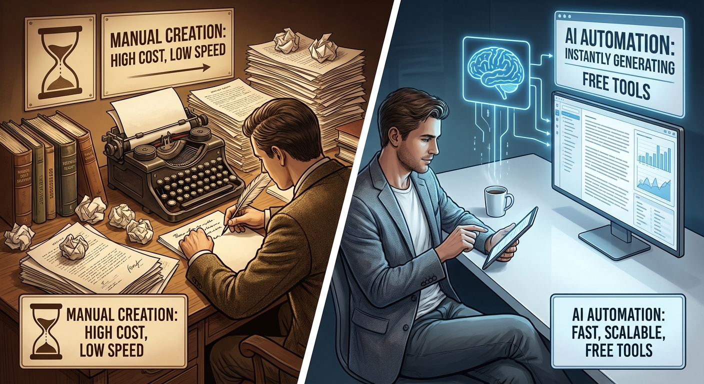 تصویر مقایسه تولید محتوای متنی دستی و مقیاسپذیری بالا با تولید محتوا متنی با هوش مصنوعی رایگان.