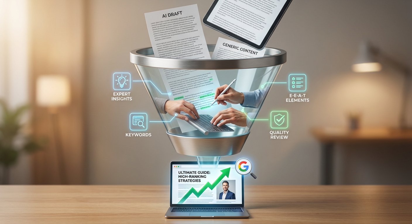 فرآیند تبدیل محتوای تولید شده با هوش مصنوعی رایگان به محتوای سئو برتر و باکیفیت E-E-A-T.