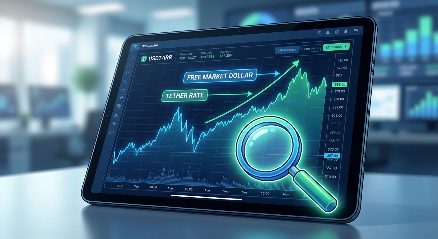 نمودار تحلیل شکاف قیمتی تتر و دلار آزاد، نمایش دهنده اهمیت اخبار و تحلیلهای بازار رمزارز (با تمرکز بر تتر و ارتباط آن با ریال) برای سرمایهگذاران.