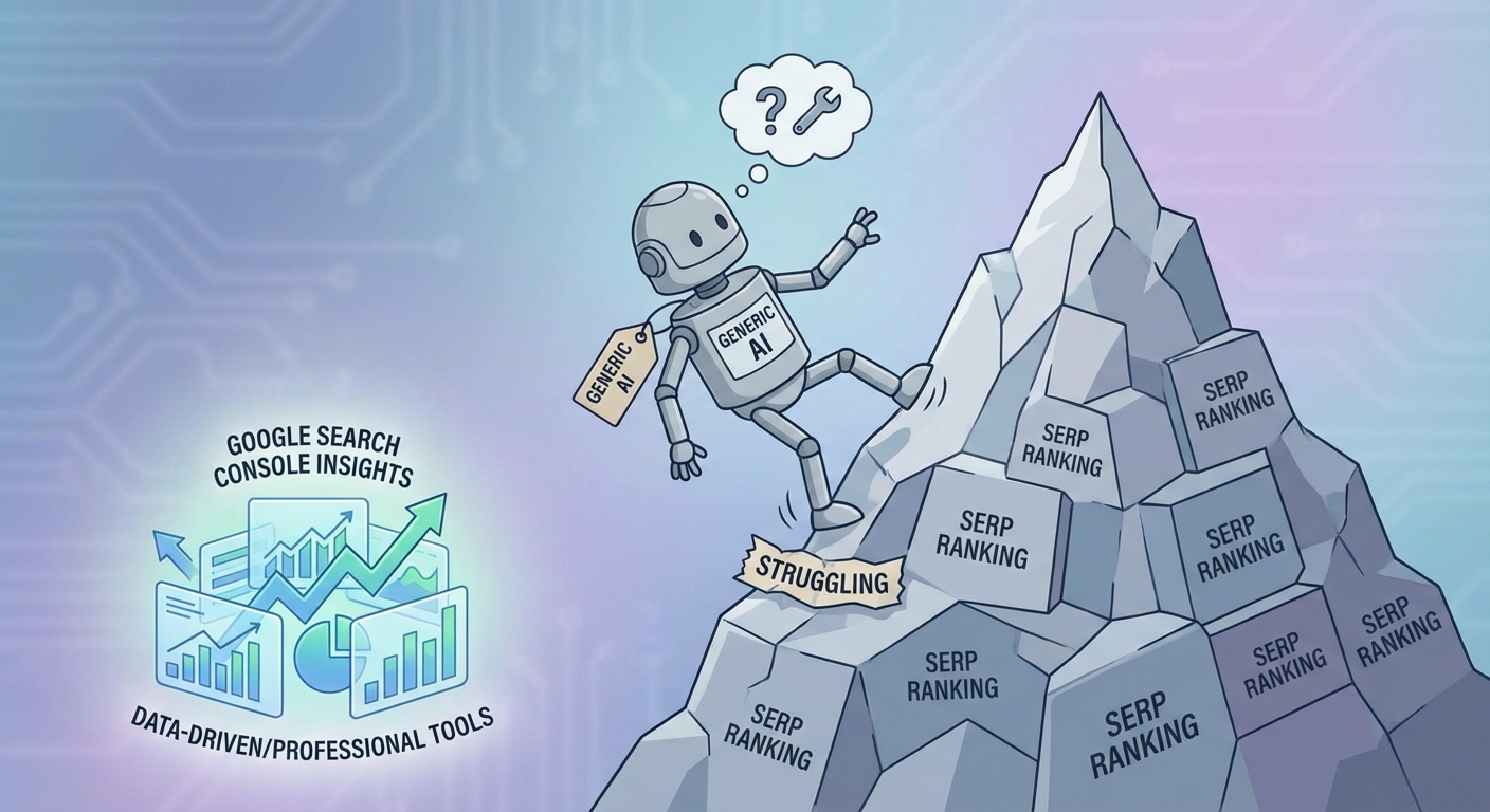 تصویر گرافیکی محدودیتهای یک برنامه تولید محتوا با هوش مصنوعی رایگان در مقابل نیازهای سئوی حرفهای و دادهمحور.