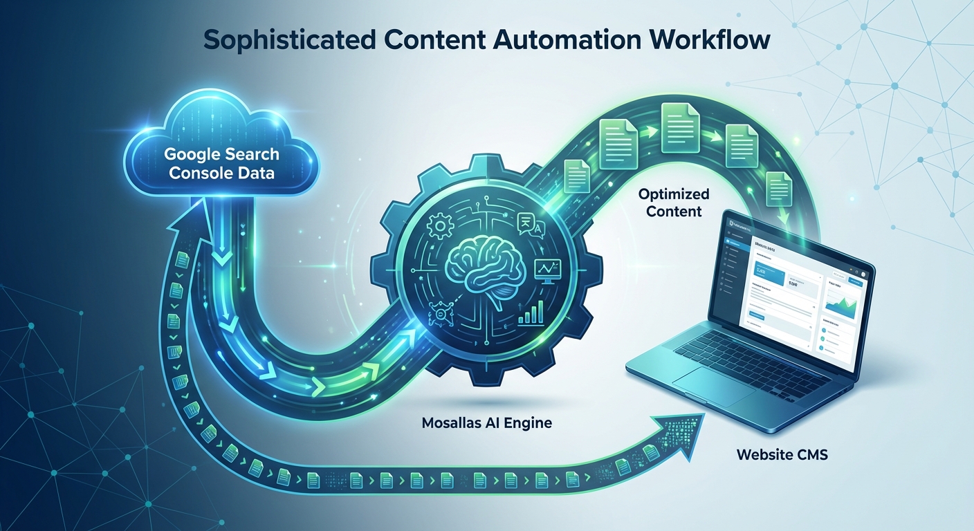 فلوچارت تولید محتوای خودکار سئو توسط Mosallas با محوریت تحلیل دادههای سرچ کنسول، رویکردی متفاوت از برنامه تولید محتوا با هوش مصنوعی رایگان.