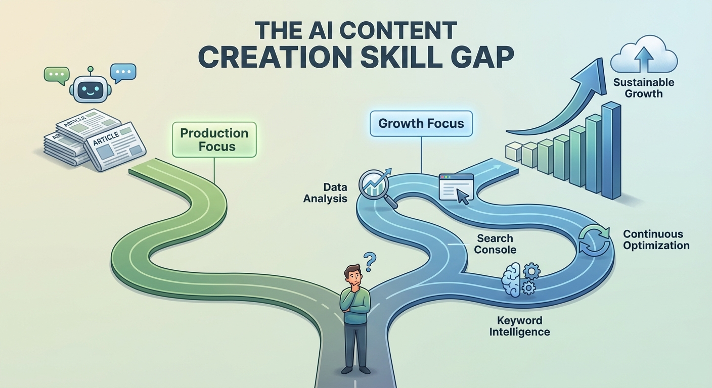 شکاف مهارتی در تولید محتوا با هوش مصنوعی دوره: تفاوت بین تمرکز بر تولید صرف و رشد استراتژیک سئو.