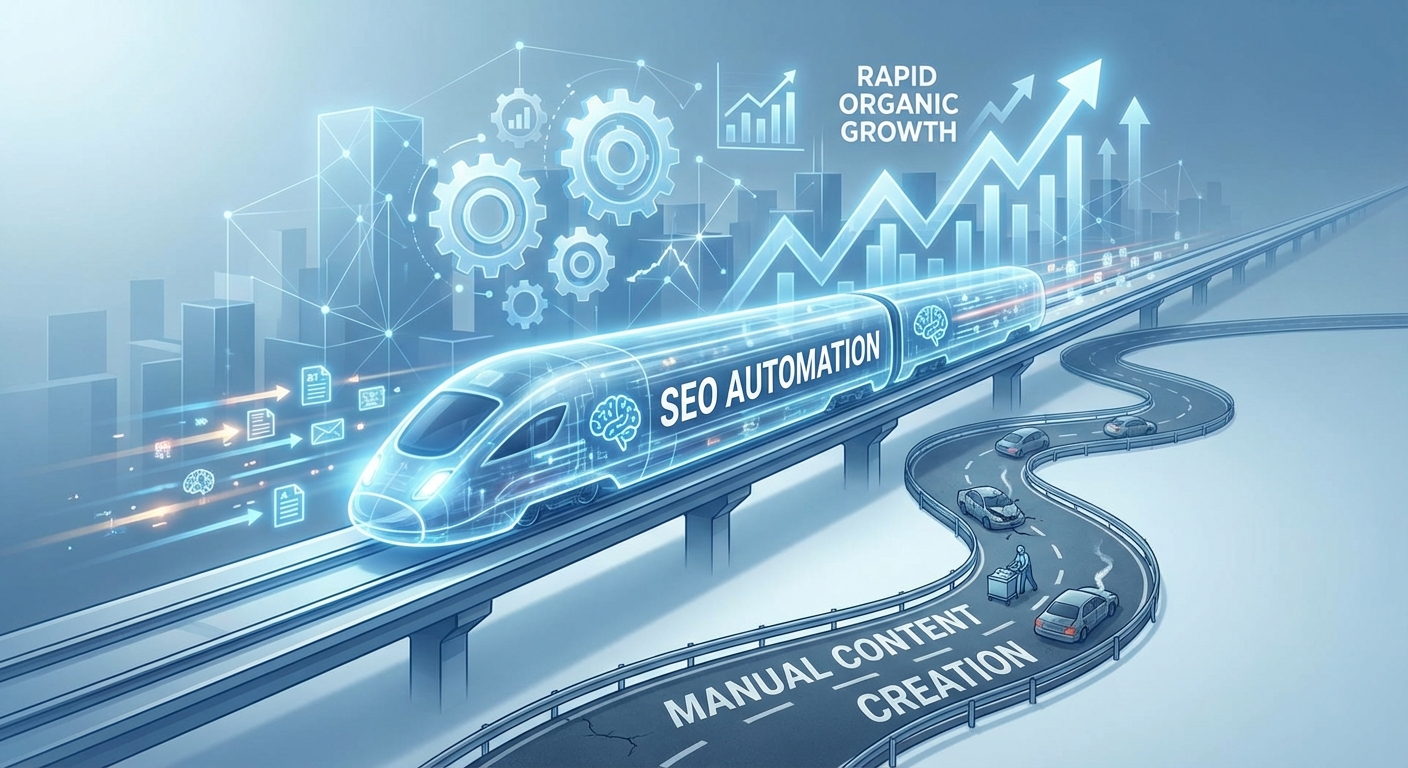 تصویری گرافیکی از اتوماسیون سئو (SEO Automation) که جایگزینی سریع و کارآمد برای دورههای طولانی مانند دوره تولید محتوا با هوش مصنوعی ژان بقوسیان است.
