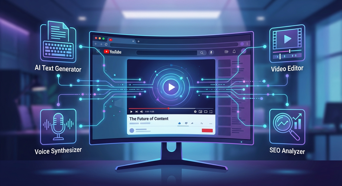 تصویر ترکیبی از ابزارهای کلیدی هوش مصنوعی برای تولید محتوا با هوش مصنوعی یوتیوب در سال ۲۰۲۵.