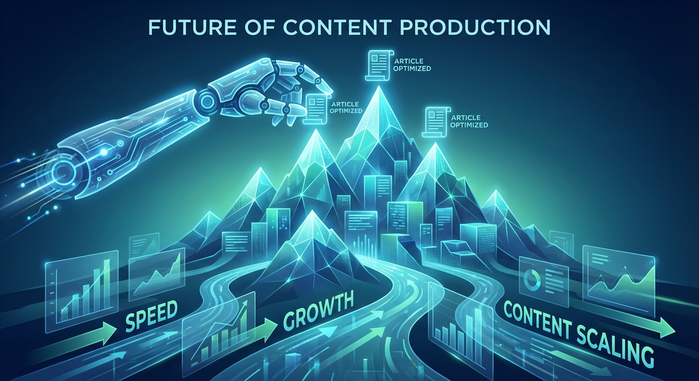 تصویر مفهومی افزایش مقیاس تولید محتوا با هوش مصنوعی، مرتبط با دوره رایگان تولید محتوا با هوش مصنوعی.