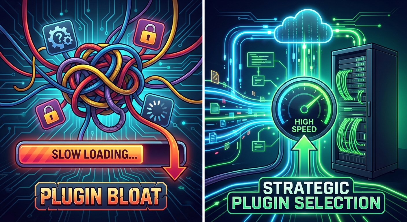 تصویری که تفاوت بین انباشتگی پلاگینها و انتخاب استراتژیک را نشان میدهد که یکی از بهترین روشهای استفاده از وردپرس و پلاگینها برای سرعت سایت است.