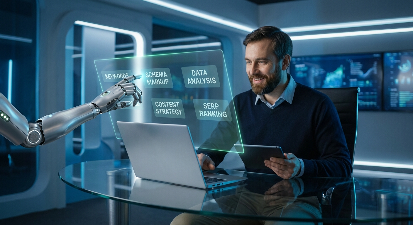 تصویر مفهومی از اتوماسیون سئو با هوش مصنوعی که یکی از بهترین روشهای استفاده از وردپرس و پلاگینها برای تولید محتوای سریع و دادهمحور است.